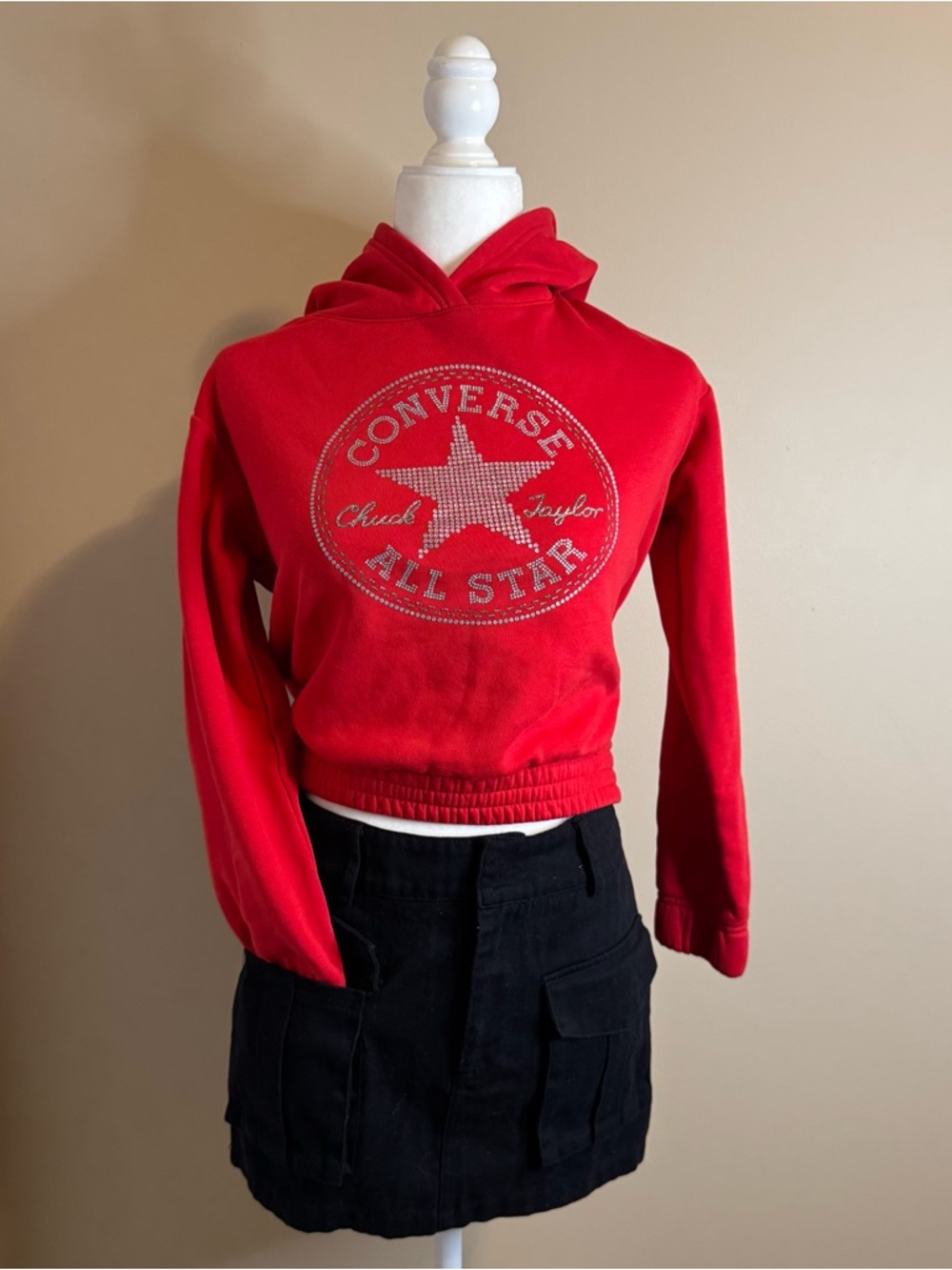 Converse Red Rhinestone Star Logo Cropped Hoodie